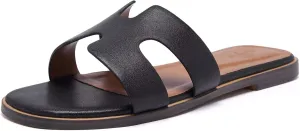 Women's Wide Width Leather Flat Sandals Slipper 2025 Summer Fashion Comfortable Memory Foam Slides for Women Footwear