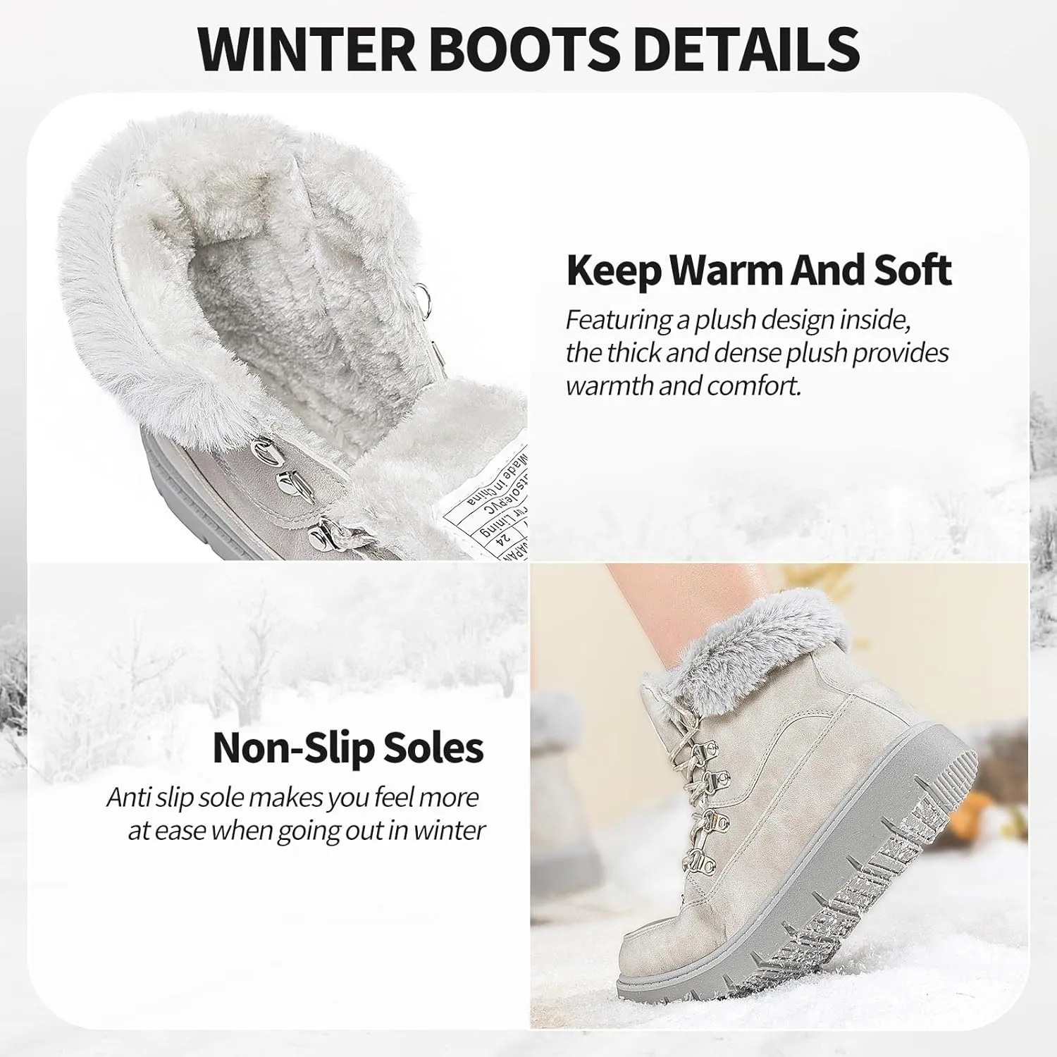 XRH Women’s Winter Warm Boots Black Snow Combat Boots With Zipper,Comfortable Fur Lined Women Ankle Boots Non Slip Hiking Boots For Women