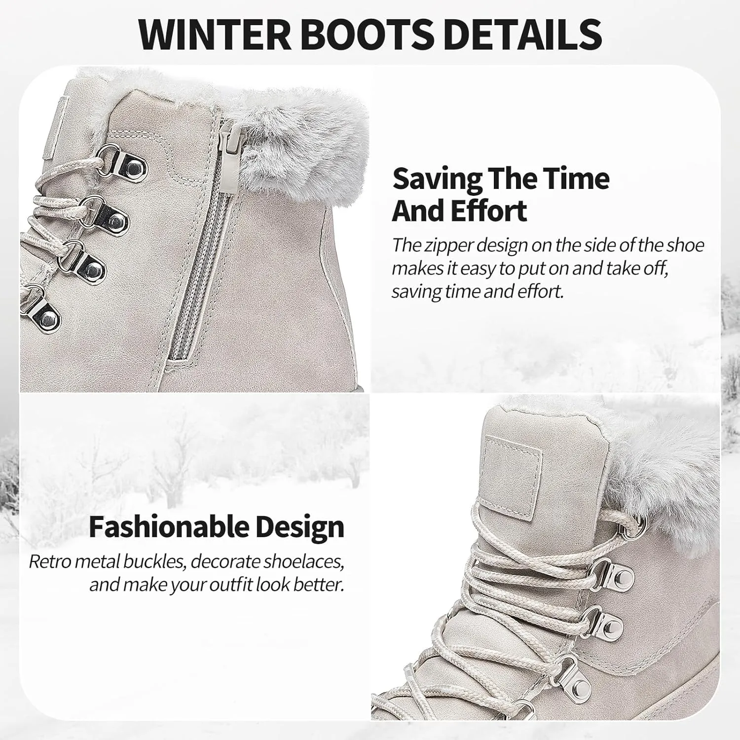 XRH Women’s Winter Warm Boots Black Snow Combat Boots With Zipper,Comfortable Fur Lined Women Ankle Boots Non Slip Hiking Boots For Women