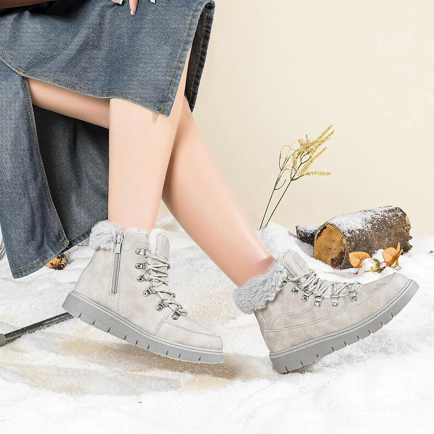 XRH Women’s Winter Warm Boots Black Snow Combat Boots With Zipper,Comfortable Fur Lined Women Ankle Boots Non Slip Hiking Boots For Women