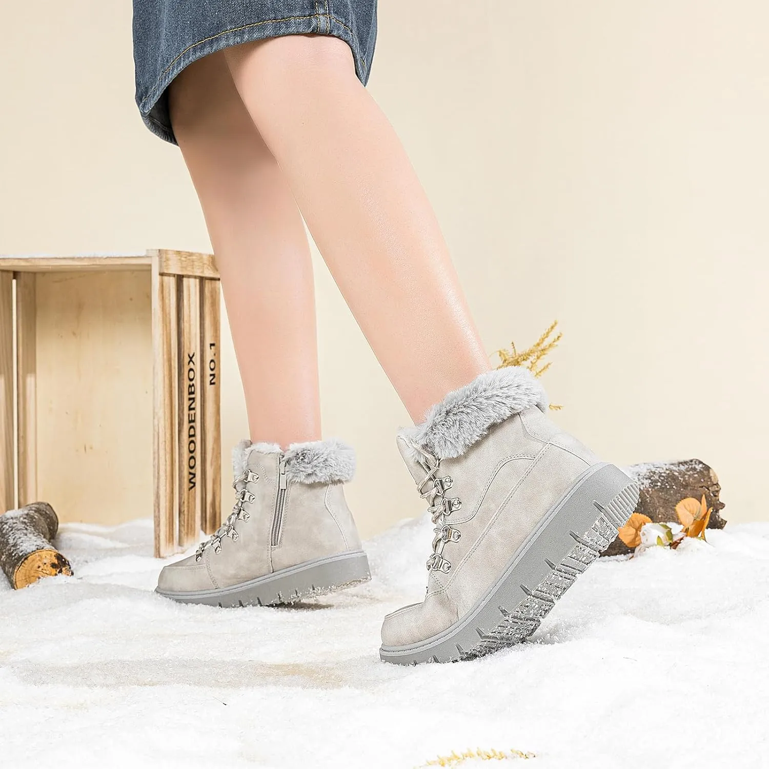 XRH Women’s Winter Warm Boots Black Snow Combat Boots With Zipper,Comfortable Fur Lined Women Ankle Boots Non Slip Hiking Boots For Women