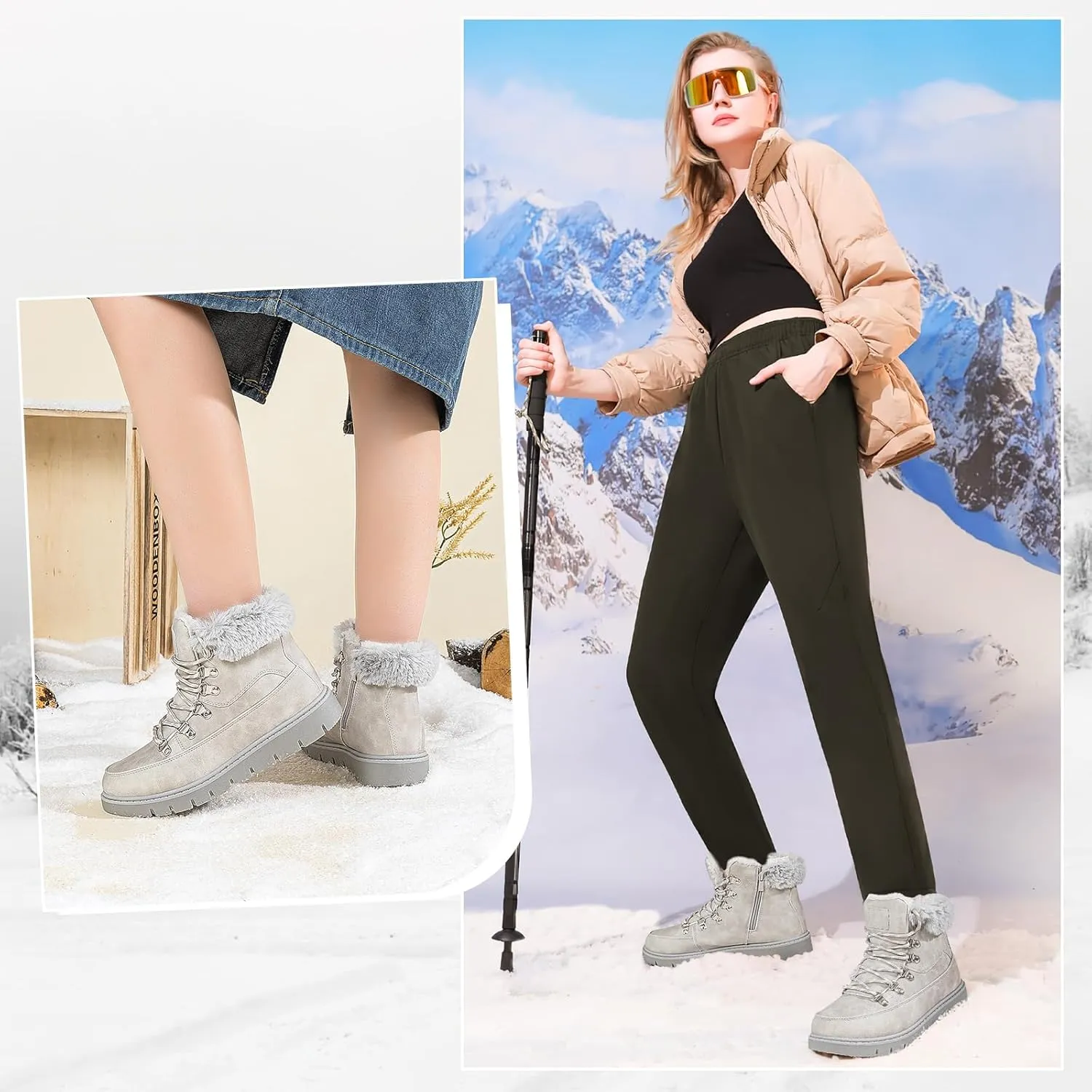 XRH Women’s Winter Warm Boots Black Snow Combat Boots With Zipper,Comfortable Fur Lined Women Ankle Boots Non Slip Hiking Boots For Women