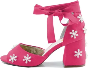 XYD Women Open Toe Sandals with Bloom Pearl Flower Ribbon Ankle Strap Chunky Block Heel Wedding Bridal Shoes