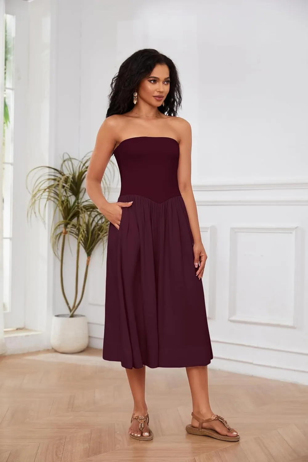 Ythomm Women Strapless Maxi Dress Casual Patchwork Pleated Backless Flowy Long Dress Summer Solid Tube Dresses with Pocket