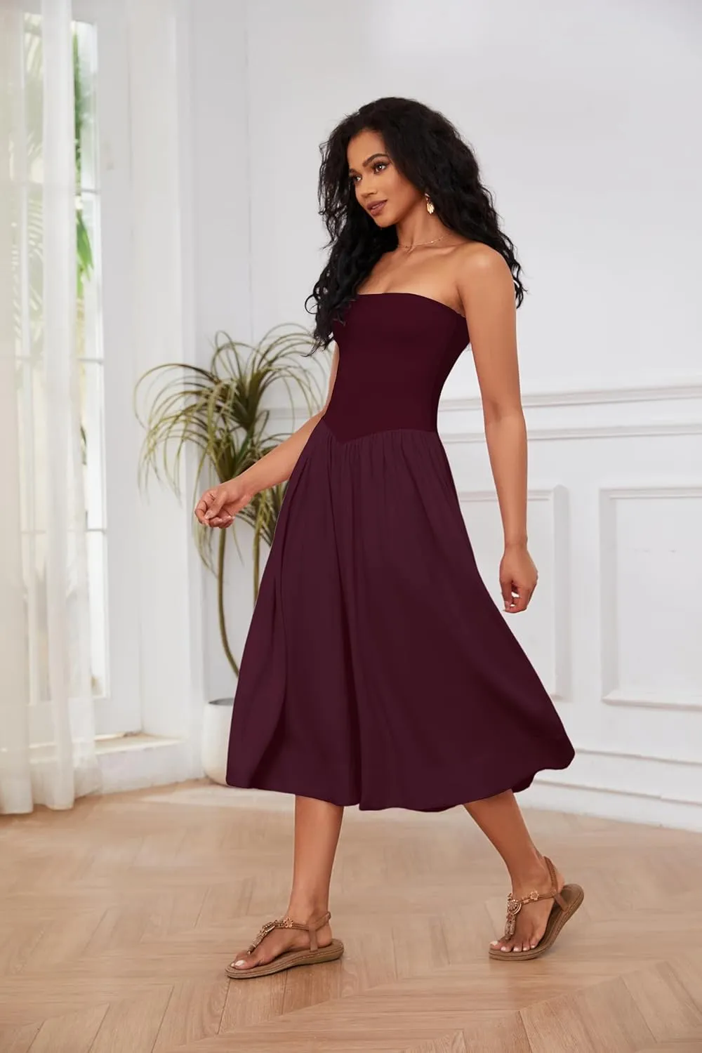 Ythomm Women Strapless Maxi Dress Casual Patchwork Pleated Backless Flowy Long Dress Summer Solid Tube Dresses with Pocket