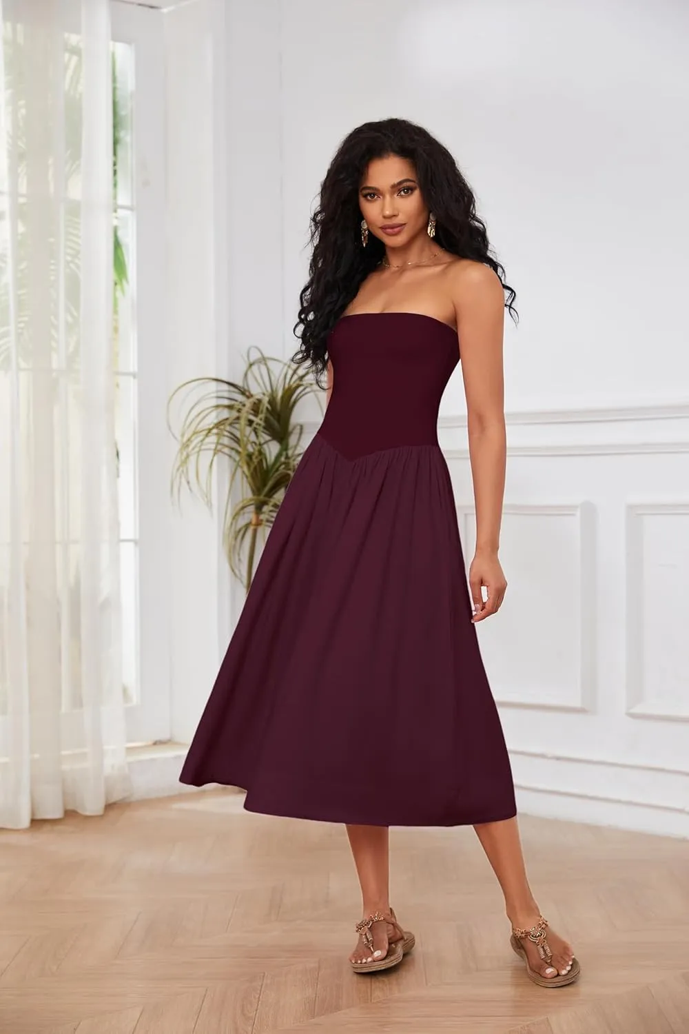 Ythomm Women Strapless Maxi Dress Casual Patchwork Pleated Backless Flowy Long Dress Summer Solid Tube Dresses with Pocket