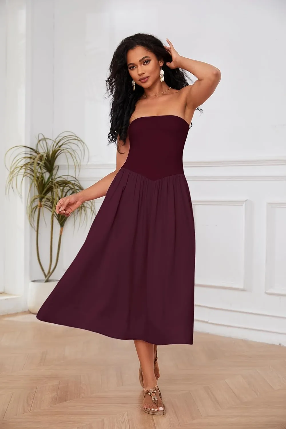 Ythomm Women Strapless Maxi Dress Casual Patchwork Pleated Backless Flowy Long Dress Summer Solid Tube Dresses with Pocket