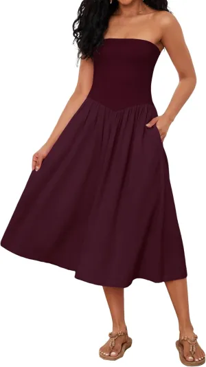 Ythomm Women Strapless Maxi Dress Casual Patchwork Pleated Backless Flowy Long Dress Summer Solid Tube Dresses with Pocket