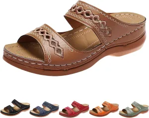ZWRXW Summer Sandals for Women 2025 Arch Support Orthopedic Sandals Embroidered Vintage Slip On Breathable Walking Slippers Comfortable Wedge Sandal